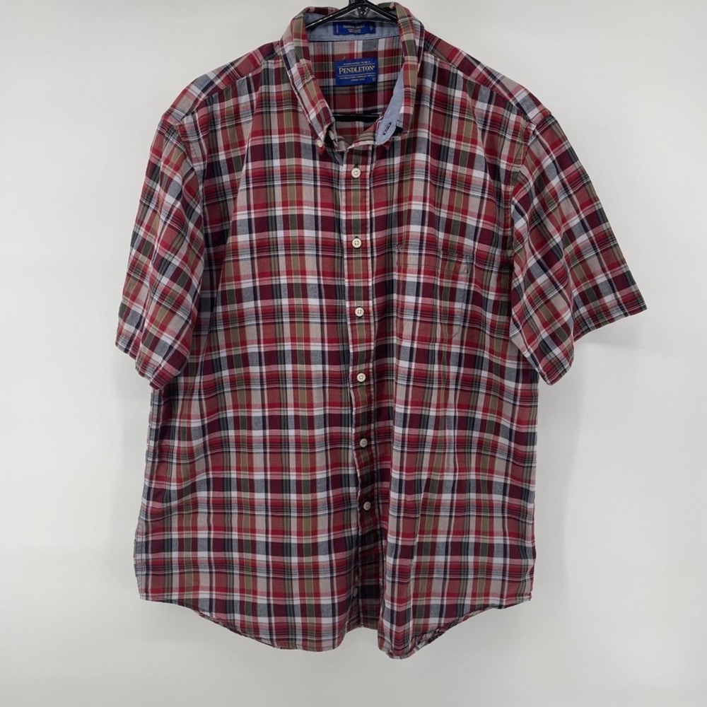 Pendleton Seaside Shirt Mens XL Red Plaid Madras Cotton Short Sleeve Button Down
